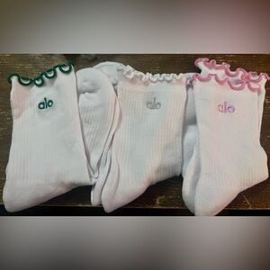 3-Pair ALO Yoga White Socks with Green and Pink Ruffle Trim